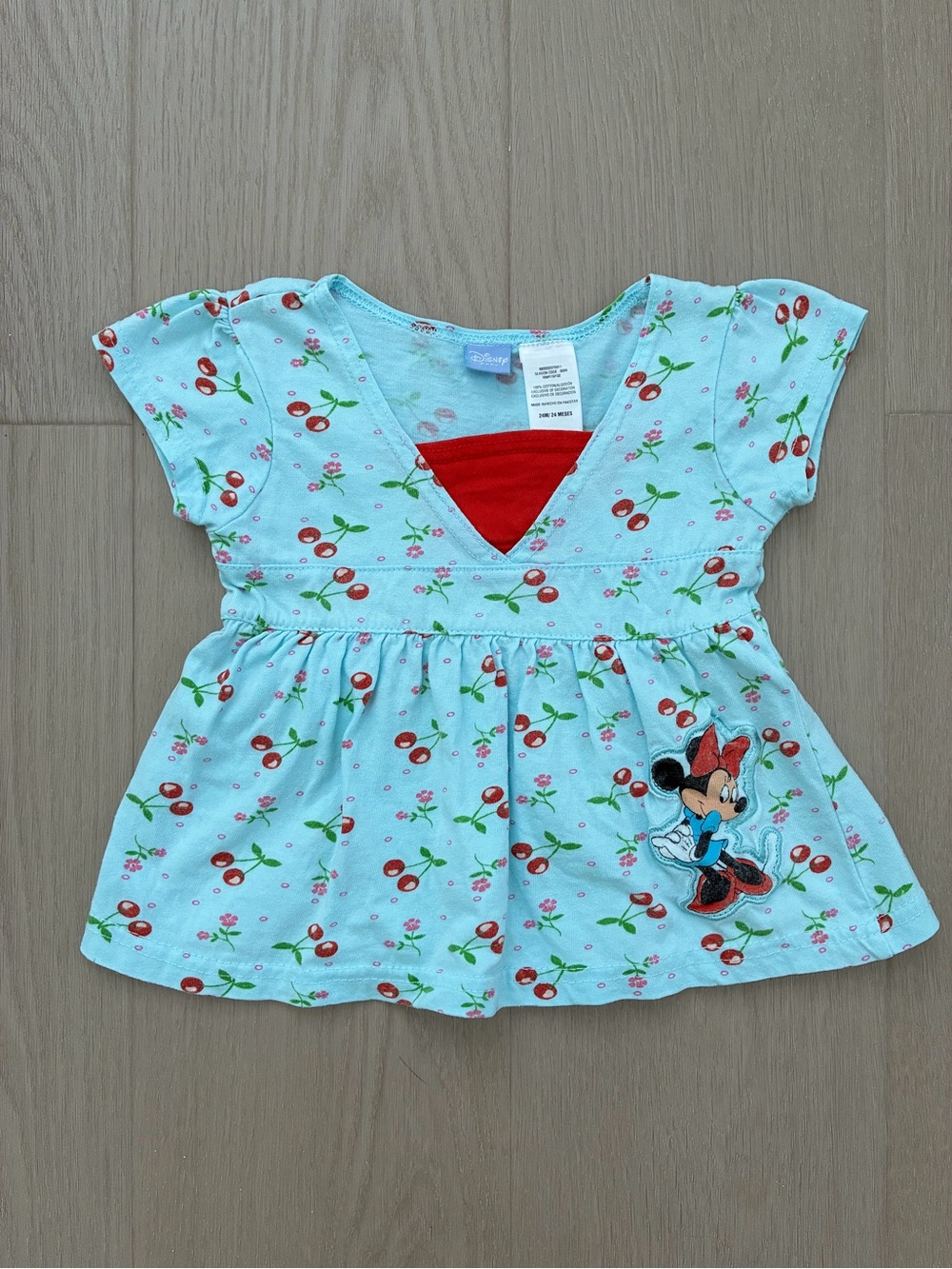 Vintage Disney Baby Light Blue Cherry Print Minnie Mouse Peplum Top